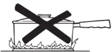 Simple line drawing of a cooking pan with a crossed-out black X mark and flames (no text or symbols)