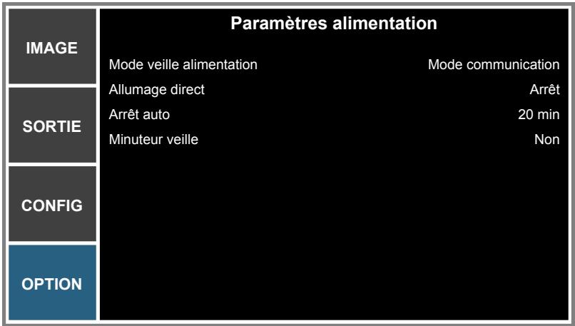 Paramètres alimentation IMAGE Mode veille alimentation Mode communication Allumage direct Arrêt Arrêt auto 20 min Minuteur veille Non SORTIE CONFIG OPTION