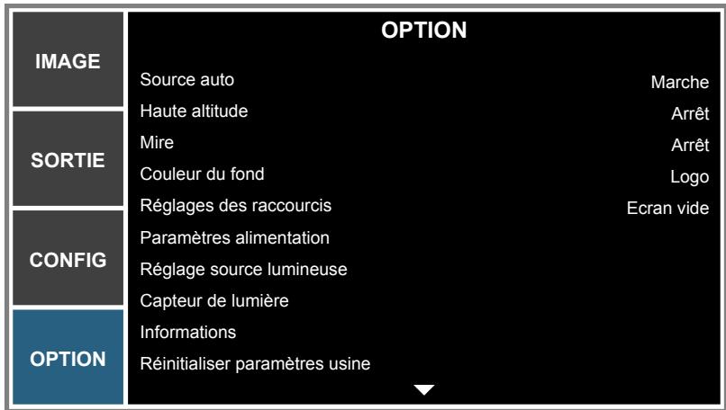OPTION IMAGE Source auto Marche HAute altitude Arrêt Mire Arrêt Couleur du fond Logo Réglages des raccourcis Ecran vide CONFIG Paramètres alimentation Réglage source lumineuse Capteur de lumière OPTIONS Informations Réinitialiser paramètres usine