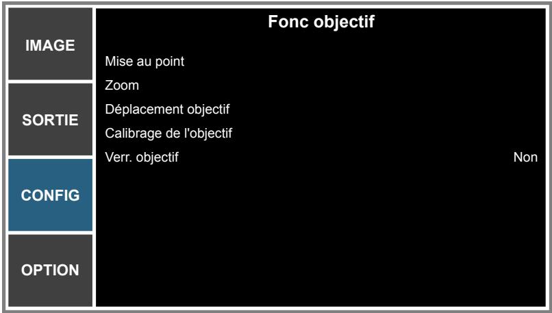 Fonc objectif IMAGE Mise au point Sortie Zoom Déplacement objectif Calibrage de l'objectif Verr. objectif Non CONFIG OPTION