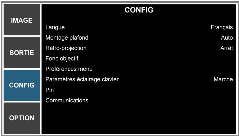 CONFIG LANGUE Français MONTAGE plafond Auto Rétro-projection Arrêt Fonc objectif Préférences menu Paramètres éclairage clavier Marche Pin Communications SORTIE CONFIG OPTION