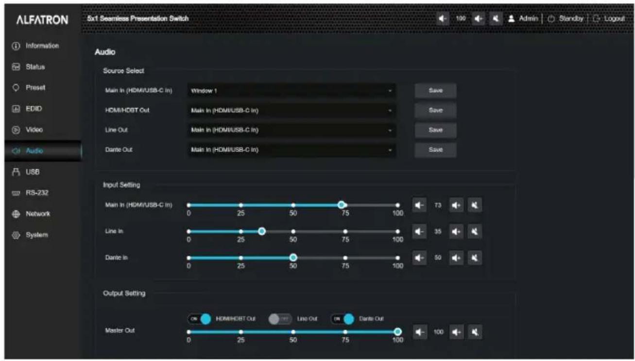 ALFATRON 5x1 Seamless Presentation Switch Information Status Preset EDID Video Audio USB RS-232 Network System Source Select Main In (HDMI/USB-C In) Window 1 HDMI/HDBT Out Main In (HDMI/USB-C In) Line Out Main In (HDMI/USB-C In) Dante Out Main In (HDMI/USB-C In) Save Save Save Save Input Setting Main In (HDMI/USB-C In) 0 25 50 75 100 73 Line In 0 25 50 75 100 35 Dante In 0 25 50 75 100 50 Output Setting Master Out CM HDMI/HDBT Out Line Out Dante Out 100