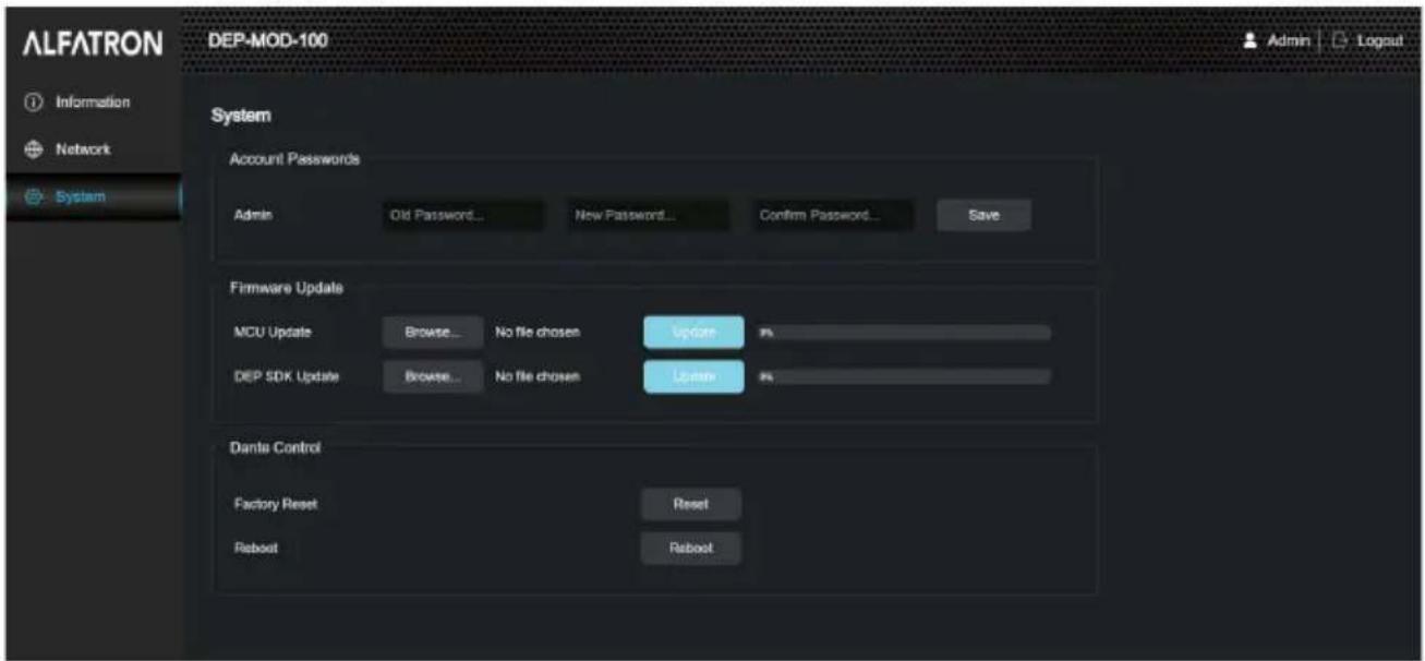 ALFATRON DEP-MOD-100 Information Network System System Account Passwords Admin Old Password... New Password... Confirm Password... Save Firmware Update MCU Update Browse... No file chosen Update % DEP SDK Update Browse... No file chosen Update % Danta Control Factory Reset Reset Reboot Reboot