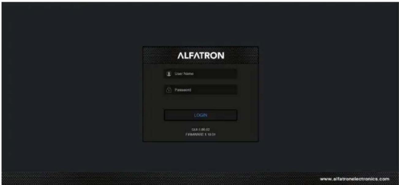 ALFATRON User Name Password LOGIN GUI: 08.02 FIRWARE: 1:19.01 www.alfatronelectronics.com