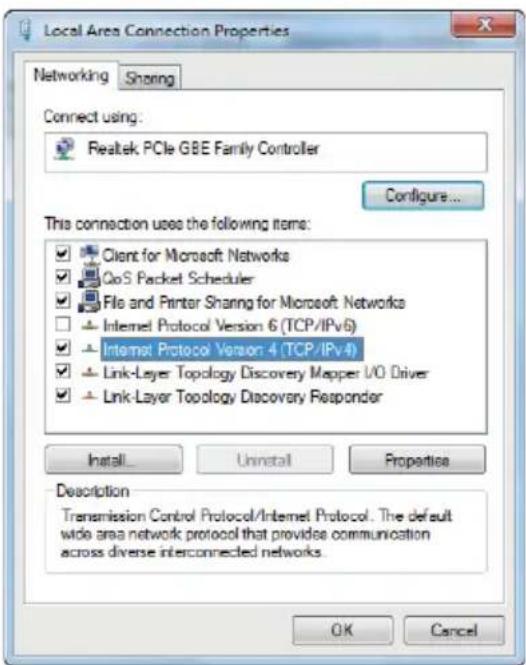 Local Area Connection Properties Networking Sharing Connect using: Realtek PCIe GBE Family Controller Configure... This connection uses the following items: Client for Microsoft Networks CoS Packet Scheduler File and Printer Sharing for Microsoft Networks Internet Protocol Version 6 (TCP/IPv6) Internet Protocol Version 4 (TCP/IPv4) Link-Layer Topology Discovery Mapper I/O Driver Link-Layer Topology Discovery Responder Install... Uninstall Properties Description Transmission Control Protocol/Internet Protocol. The default wide area network protocol that provides communication across diverse interconnected networks. OK Cancel