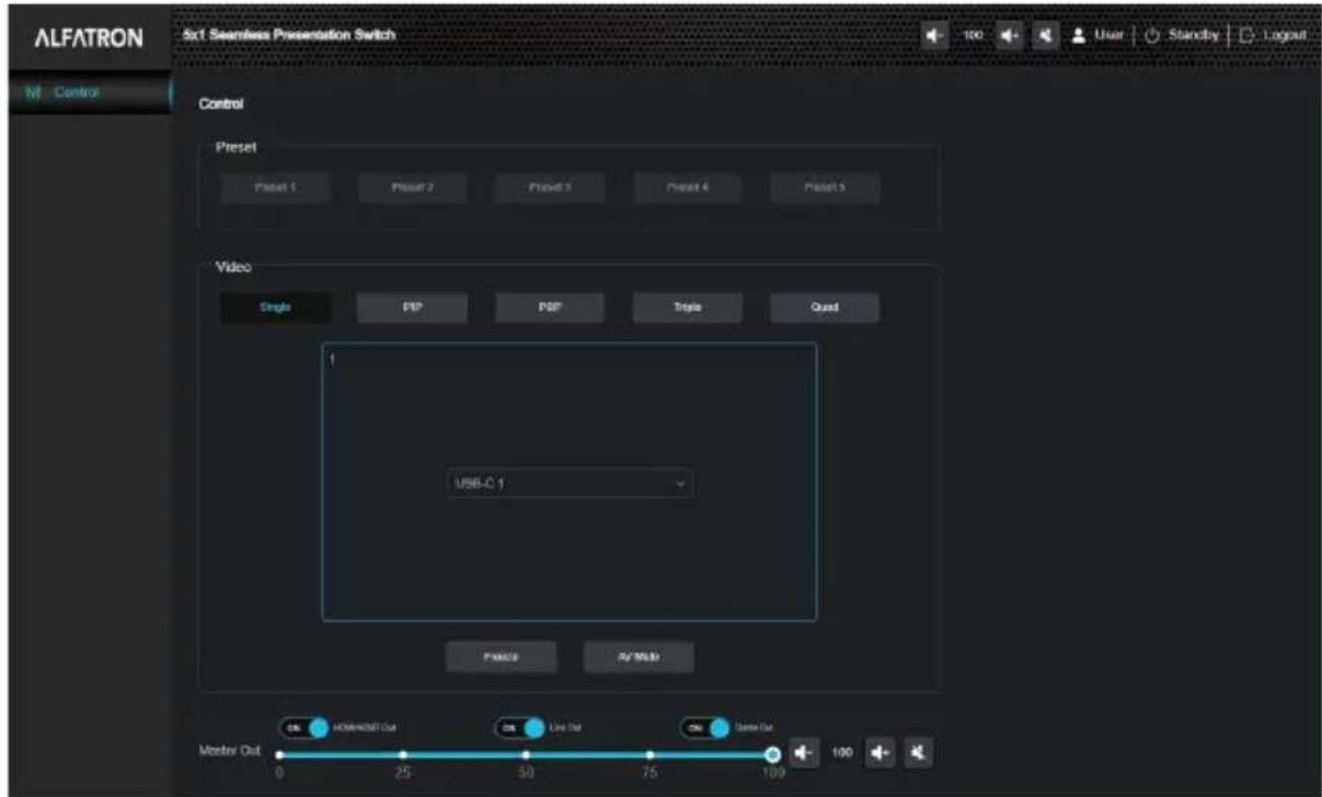ALFATRON 5x1 Seamless Presentation Switch Control Preset Pixel 1 Pixel 2 Pixel 3 Pixel 4 Pixel 5 Video Single PSP PSP Triple Quad USB-C 1 Preview By Note Monitor Out 0 25- 30 75- 100 100 User Standby Layout