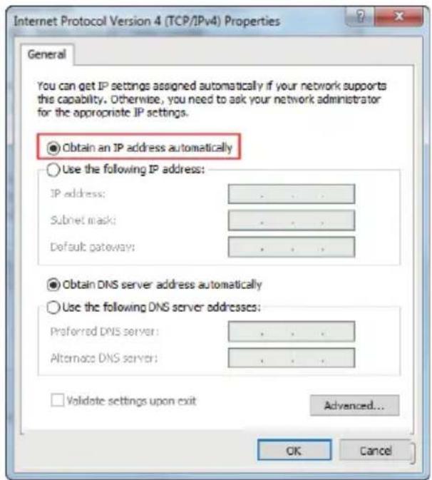 Internet Protocol Version 4 (TCP/IPv4) Properties General You can get IP settings assigned automatically if your network supports this capability. Otherwise, you need to ask your network administrator for the appropriate IP settings. Obtain an IP address automatically Use the following IP address: IP address: .... Subnet mask: .... Default gateway: .... Obtain DNS server address automatically Use the following DNS server addresses: Preferred DNS server: .... Alternate DNS server: .... Validate settings upon exit Advanced... OK Cancel