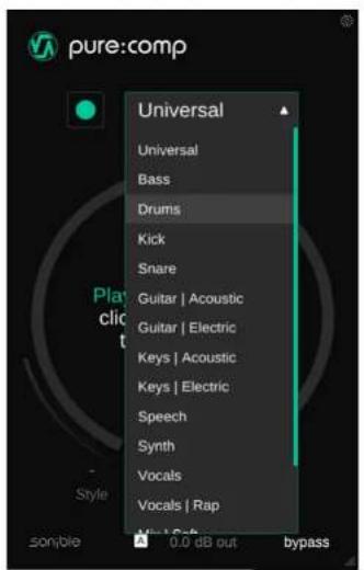 pure:comp Universal Universal Bass Drums Kick Snare Guitar | Acoustic Guitar | Electric Keys | Acoustic Keys | Electric Speech Synth Vocals Vocals | Rap 0.0 dB out bypass