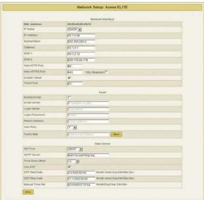 Network Setup: Axess ELITE Network Interface MAC Address 90.00AD06.28xC9 IP Setup CHCIP IP Address No 1 2 88 Bucket Mask $MS 365.268.0 Gateway No 1 3 1 DNS-1 No 1 2 12 DNS-2 $09 116.64.118 Web HTTP Port 80 Web HTTPS Port $43 DSL Required Enable Tsetnet ✓ Tsetnet Port $23 Excel Enable Email Email Ser…
