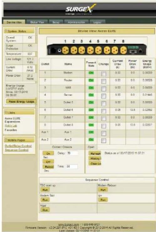 SURGEX Device View: Access ELITE 1 2 3 4 5 6 7 8 Overall System: OK Surge Protection: OK Temperature: 80°C Line Voltage: 121.3 Volts Current Circuit: 0.10 Amps Power Order: 27.2 Watts Energy Usage 0.072717 AWA Block: 03/17/2018 08:59:00 Reset Energy Usage C Units Access ELITE Expansions Buts Lats Fa…