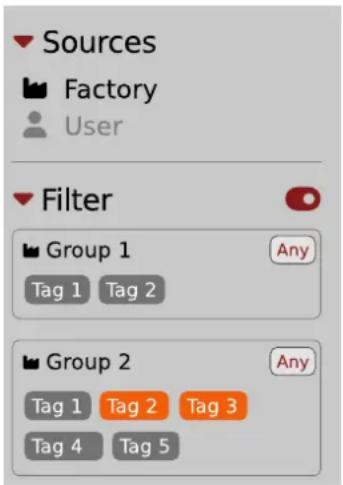 Sources Factory User Filter Group 1 Any Tag 1 Tag 2 Group 2 Any Tag 1 Tag 2 Tag 3 Tag 4 Tag 5
