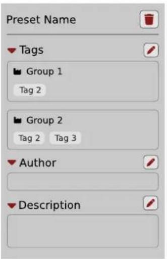 Preset Name Tags Group 1 Tag 2 Group 2 Tag 2 Tag 3 Author Description