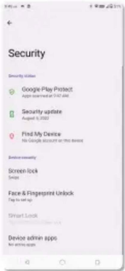 Security Security Utilities Google Play Protect App is certified at 2:47:48 Security update August 5, 2023 Find My Device No Google account or this device Device sexuality Screen lock Snips Face & Fingerprint Unlock Try to set up Smart Lock Device admin apps Not active apps