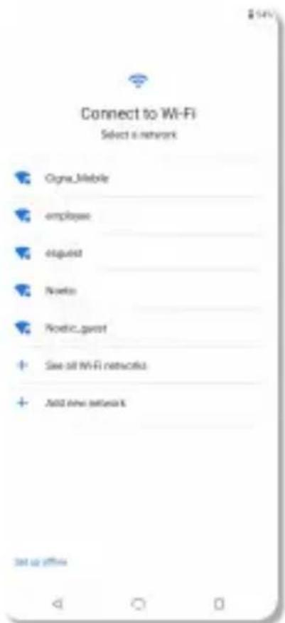 Connect to Wi-Fi Select a network Oigna_Mobile employee enguid Nordic Nordic_guist Size all Wi-Fi networks Add new networks Set up offins