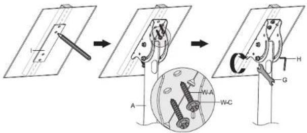 Diagram illustrating a mechanical assembly process with labeled parts and a magnified view of components A, B, C, G, H, W-A, W-C.