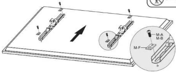 Technical diagram showing assembly of mechanical parts with labeled parts M-A, M-B, and M-F, including an arrow indicating direction.