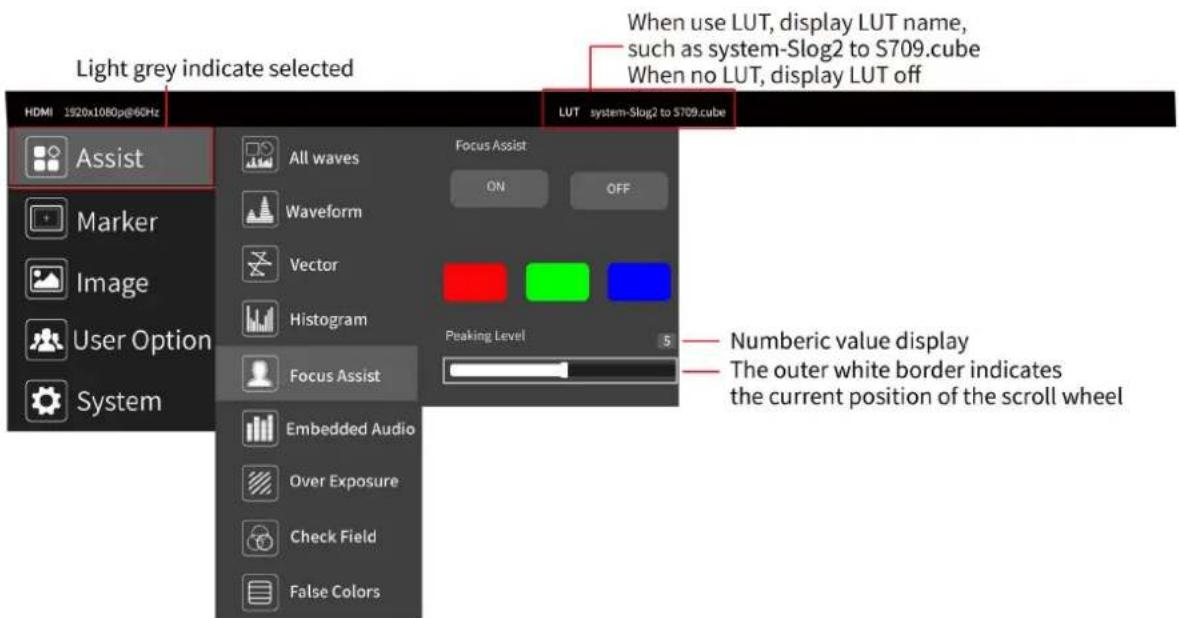 Light grey indicate selected HDMI 1920x1080p@6GHz LUT system-Slog2 to S709.cube When use LUT, display LUT name, such as system-Slog2 to S709.cube When no LUT, display LUT off All waves Focus Assist ON OFF Marker Waveform Vector Histogram Peaking Level 5 User Option Focus Assist Embedded Audio Over Exposure Check Field False Colors System Numeric value display The outer white border indicates the current position of the scroll wheel