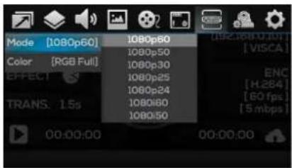 Mode [1080p60] 1080p60 Color [RGB Full] 1080p50 EFFECT 1080p30 1080p25 1080p24 1080i80 1080i50 [192.168 U 101] [VISCA] ENC [H.264] [60 fps] [5 mbps] TRANS. 1.5s 00:00:00 00:00:00