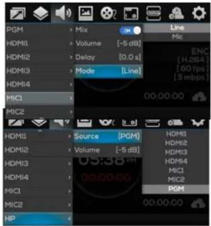 PGM HDMI1 HDMI2 HDMI3 MIC1 MIC2 Mix Volume [0.0 s] Delay [5 dB] Mode [Line] Line Mic ENC [H:264] [60 fps] [5 mbps] 00:00:00 HDMI1 HDMI2 HDMI3 HDMI4 MIC1 MIC2 PGM Source [PGM] Volume [5 dB] 00:00:00 00:00:00