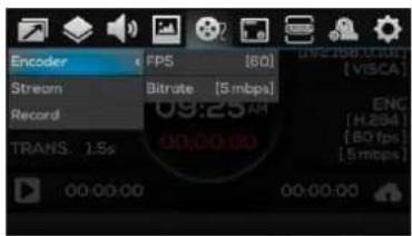 Encoder Stream Record TRANS: 1.5s FP5 [60] Bitrate [5 mbps] 09:25 AM 00:00:00 00:00:00 ENC [H.264] [80 fps] [5 mbps]
