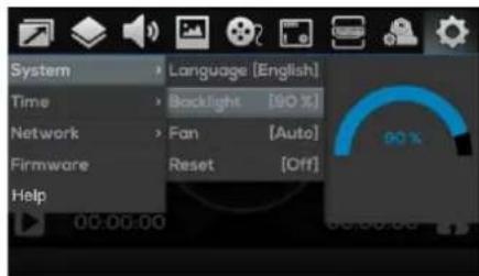 System Language [English] Time Backlight [90%] Network Fan [Auto] Firmware Reset [Off] Help 00:00:00
