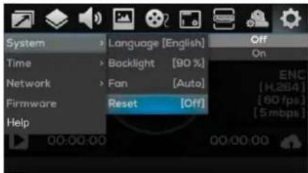 System Language [English] Off Time Backlight [90%] Network Fan [Auto] Firmware Reset [Off] Help 00:00:00 00:00:00 On ENC [H.284] [60 fps] [5 mbps]