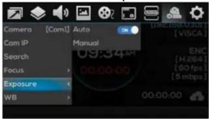 Camera [Cam1] Auto Cam IP Manual Search Focus Exposure WB 09:34AM 00:00:00 00:00:00 [192.198.0101] [VISCA] ENC [H.284] [60 fps] [5 mbps]