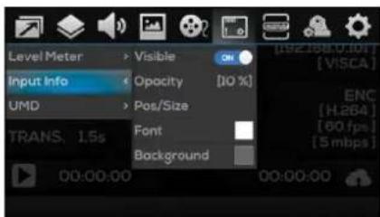 Level Meter Input Info UMD TRANS: 1.5s Visible Opacity Pos/Size Font Background [162:188.0.10] [ VISCA ] ENC [ H.264 ] [ 60 fps ] [ 5 mbps ] 00:00:00 00:00:00