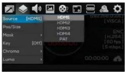Source [HDMI] Pos/Size Mask > Key [Off] Chroma > Luma > HDMI1 HDMI2 HDMI3 HDMI4 PAT [00:188.0.101] [VISCA] ENC [H.264] [80 fps] [5 mbps] 00:00:00