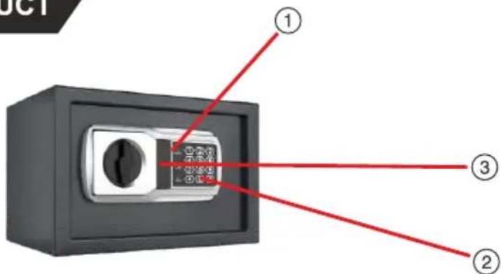 Diagram of a safe with labeled parts and red annotations pointing to internal components
