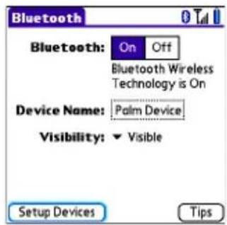Bluetooth Bluetooth: On Off Bluetooth Wireless Technology is On Device Name: Palm Device Visibility: ▼ Visible Setup Devices Tips