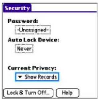 Security Password: -Unassigned- Auto Lock Device: Never Current Privacy: Show Records Lock & Turn Off... Help