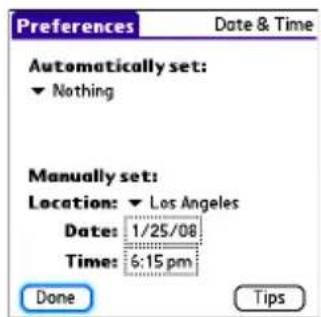 Preferences Date & Time Automatically set: ▼ Nothing Manually set: Location: ▼ Los Angeles Date: 1/25/08 Time: 6:15 pm Done Tips