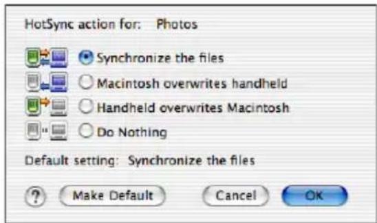 HotSync action for: Photos Synchronize the files Macintosh overwrites handheld Handheld overwrites Macintosh Do Nothing Default setting: Synchronize the files Make Default Cancel OK