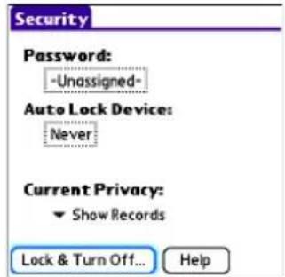 Security Password: -Unassigned- Auto Lock Device: Never Current Privacy: Show Records Lock & Turn Off... Help