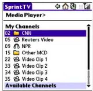 SprintTV Media Player> My Channels 02 CNN 05 Reuters Video 09 NPR 15 Other MCD 22 Video Clip 1 33 Video Clip 2 34 Video Clip 3 35 Video Clip 4 Available Channels