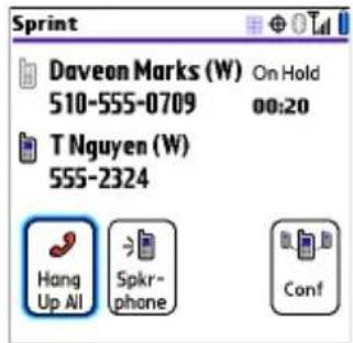 Sprint Daveon Marks (W) On Hold 510-555-0709 00:20 T Nguyen (W) 555-2324 Hang Up All Spkr- phone Conf