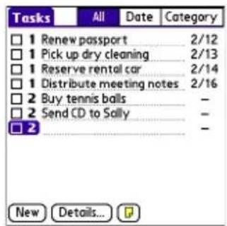 Tasks All Data Category □ 1 Renew passport 2/12 □ 1 Pick up dry cleaning 2/13 □ 1 Reserve rental car 2/14 □ 1 Distribute meeting notes 2/16 □ 2 Buy tennis balls - □ 2 Send CD to Sally - □ 2 New Details...