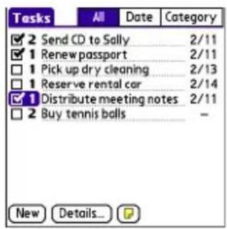Tasks All Data Category ✓ 2 Send CD to Sally 2/11 ✓ 1 Renew passport 2/11 □ 1 Pick up dry cleaning 2/13 □ 1 Reserve rental car 2/14 ✓ 1 Distribute meeting notes 2/11 □ 2 Buy tennis balls -