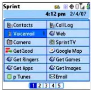 Sprint 4:12 pm 2/4/07 Contacts Call Log Voicemail Web Camera SprintTV GetGood Google Map Get Ringers Get Games Get Apps Get Images p Tunes Email 1 2 3 4 5