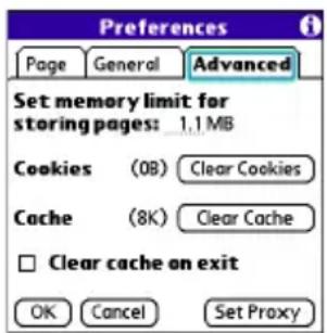 Preferences Page General Advanced Set memory limit for storing pages: 1.1 MB Cookies (08) Clear Cookies Cache (8K) Clear Cache □ Clear cache on exit OK Cancel Set Proxy