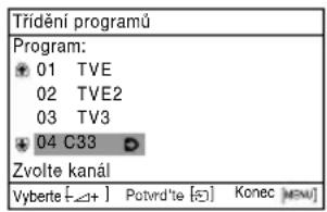 Trídění programů Program: 01 TVE 02 TVE2 03 TV3 04 C33 Zvolte kanál Vyberte [→+] Potvrd'te [→] Konec [→M] Menu]