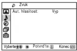 Zvuk Aut. hlasitost: Vyp Vyberte Potvrd'te Konec