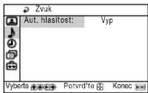 Zvuk Aut. hlasitost: Vyp Vyberta Potvrd'te Konec