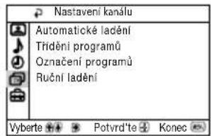 Nastavení kanálu Automatické ladění Třídění programů Označení programů Ruční ladění Vyberte Potvrd'te Konec