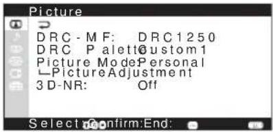 Picture DRC - M F: DRC1250 DRC PalettoCustom1 Picture ModePersonal Picture Adjustment 3 D-NR: Off Select: Confirm: End: