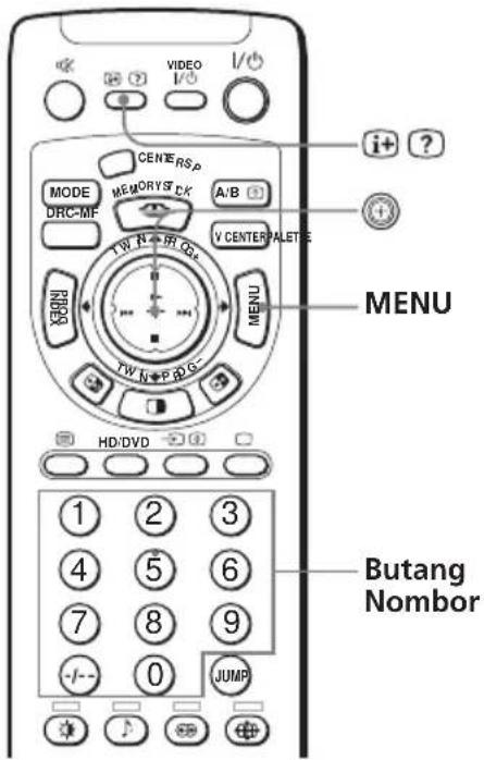 VIDEO I/O CENTERSP MODE DRC-MF MEMORYST CK A/B TV CENTERPALETTE X#NU T/W N+ R/Q# T/W N+ P/Q# MENU HD/DVD 1 2 3 4 5 6 7 8 9 -/- 0 JUMP i+ ? MENU Butang Nombor