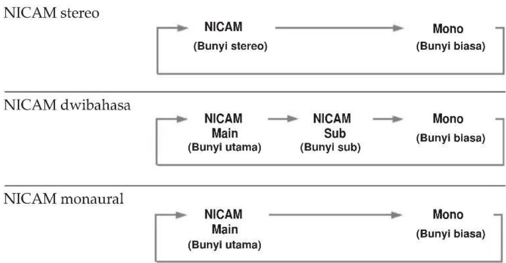 graph LR A["NICAM stereo"] --> B["NICAM (Bunyi stereo)"] B --> C["Mono (Bunyi biasa)"] D["NICAM dwibahasa"] --> E["NICAM Main (Bunyi utama)"] E --> F["NICAM Sub (Bunyi sub)"] F --> G["Mono (Bunyi biasa)"] H["NICAM monaural"] --> I["NICAM Main (Bunyi utama)"] I --> J["Mono (Bunyi biasa)"]