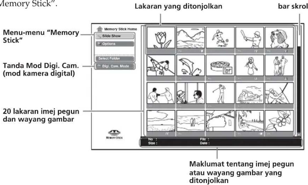 Memory Stick". Lakaran yang ditonjolkan bar skrol Menu-menu "Memory Stick" Slide Show Options Select Folder Digi. Cam. Mode Tanda Mod Digi. Cam. (mod kamera digital) 20 lakaran imej pegun dan wayang gambar Memory Stick No : File : Size : Date : Maklumat tentang imej pegun atau wayang gambar yang dit…