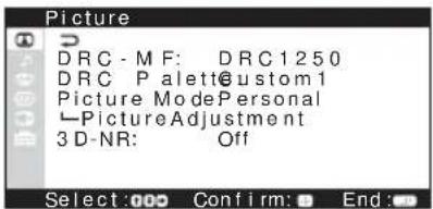 Picture DRC - M F: DRC1250 DRC PalettCustom1 Picture ModePersonal Picture Adjustment 3 D-NR: Off Select: 000 Confirm: End: